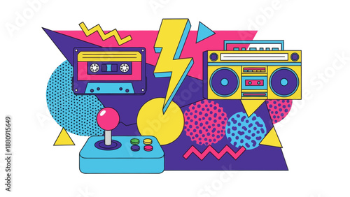 Retro 80s Cassette Tape Vector Illustration, Boombox, Joystick, Vector Style Graphic for Music and Gaming