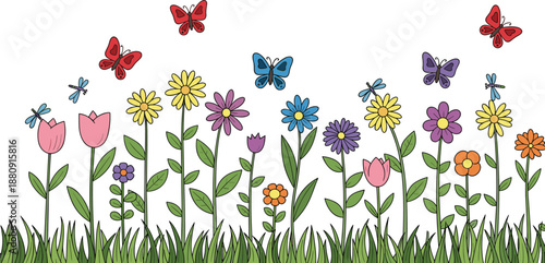Colorful cartoon flower garden illustration with butterflies and insects, playful spring meadow scene, cute floral design for kids, nursery art, nature backgrounds