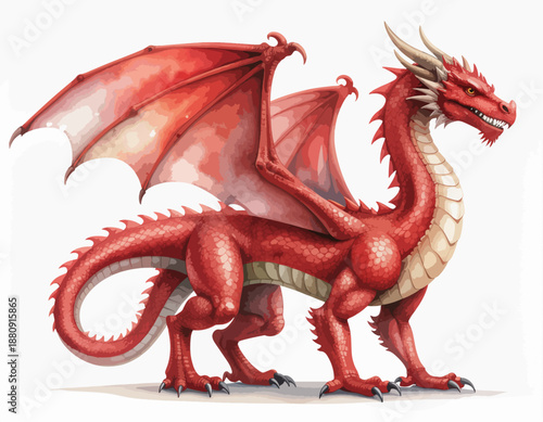 Red dragon illustration fantasy creature mythological beast with wings and sharp claws isolated design element