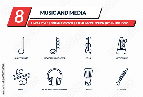 music and media icons set - quarter note, hemidemisemiquaver, cello, metronome, clarinet outline vector collection.