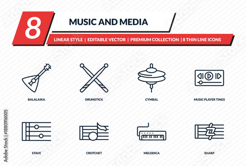 music and media icons set - balalaika, drumstick, cymbal, music player tings, sharp outline vector collection.