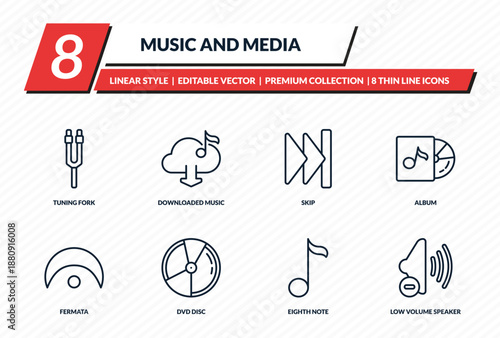 music and media icons set - tuning fork, downloaded music cloud, skip, album, low volume speaker outline vector collection.