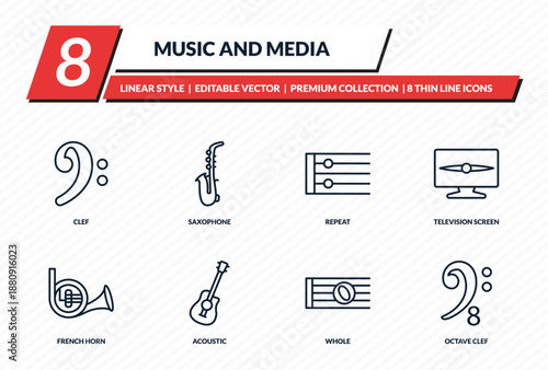 music and media icons set - clef, saxophone, repeat, television screen off, octave clef outline vector collection.