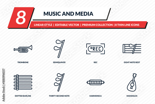 music and media icons set - trombone, semiquaver, rec, eight note rest, mandolin outline vector collection.