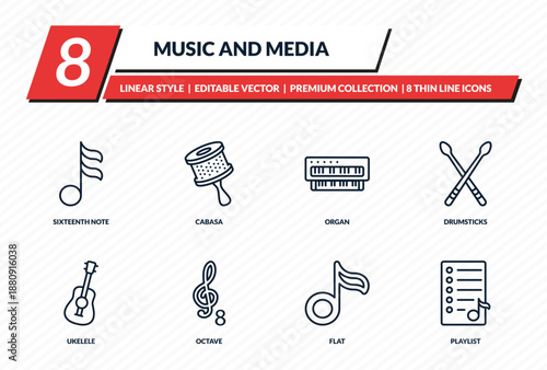 music and media icons set - sixteenth note, cabasa, organ, drumsticks, playlist outline vector collection.