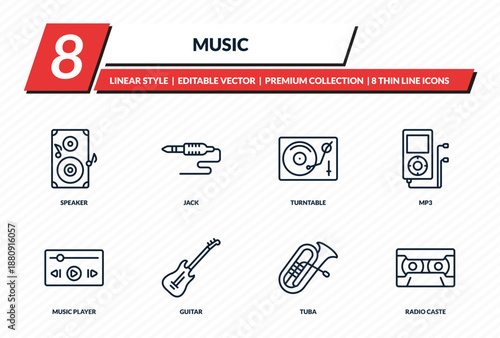 music icons set - speaker, jack, turntable, mp3, radio caste outline vector collection.
