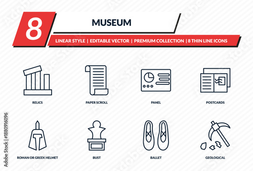 museum icons set - relics, paper scroll, panel, postcards, geological outline vector collection.
