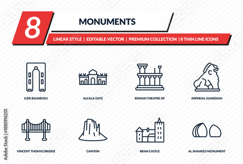monuments icons set - ejer baunehoj, alcala gate, roman theatre of merida, imperial guardian lion, al shaheed monument outline vector collection.