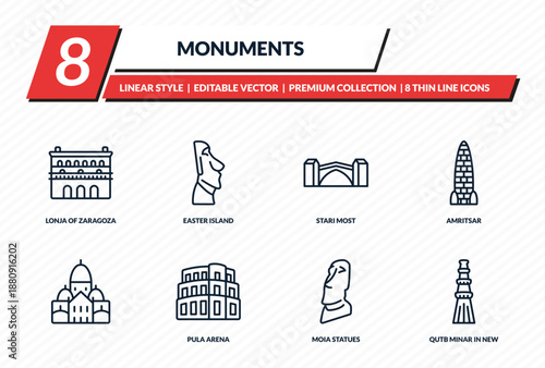 monuments icons set - lonja of zaragoza, easter island, stari most, amritsar, qutb minar in new delhi outline vector collection.