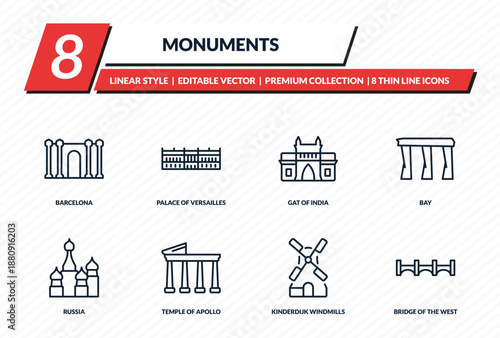 monuments icons set - barcelona, palace of versailles, gat of india, bay, bridge of the west outline vector collection.