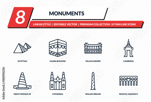 monuments icons set - egyptian, kaaba building, palais garnier, cambodia, segovia aqueduct outline vector collection.