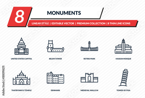 monuments icons set - united states capitol, belem tower, retiro park, hassan mosque, tower of pisa outline vector collection.