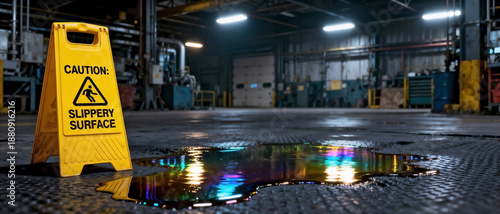 Oil spill caution sign on industrial floor near liquid puddle, brightly lit by overhead lighting. This oil spill caution sign highlights potential workplace hazard, promoting worker safety.