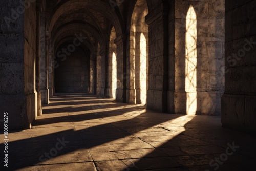 Sunlit Stone Hallway with Arches: Mysterious and Architectural Beauty