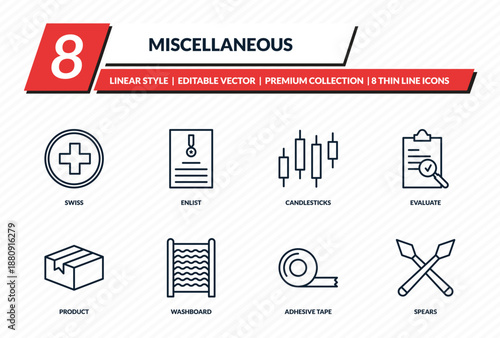 miscellaneous icons set - swiss, enlist, candlesticks, evaluate, spears outline vector collection.