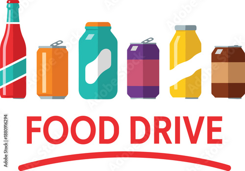 Colorful food drive illustration with canned goods, bottles, and jars, ideal for charity campaigns, donation events, and community outreach visuals