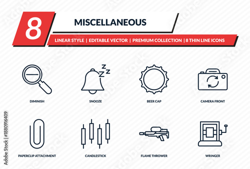 miscellaneous icons set - diminish, snooze, beer cap, camera front, wringer outline vector collection.