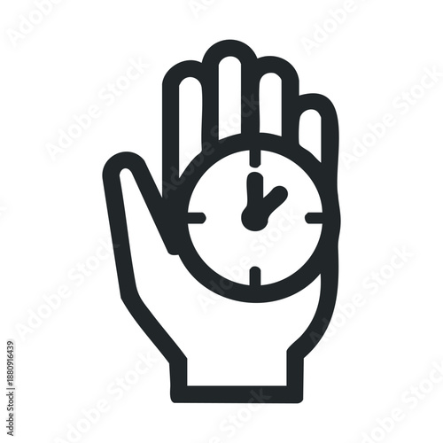 Stylized hand holding a clock face icon represents the concept of time management, scheduling, and meeting important deadlines in business and personal life.
