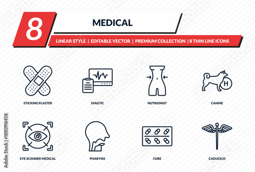 medical icons set - sticking plaster, diagtic, nutrionist, canine, caduceus outline vector collection.