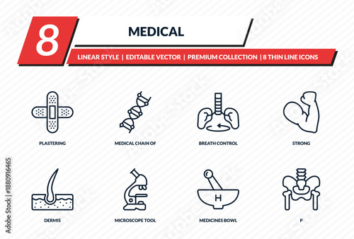 medical icons set - plastering, medical chain of dna, breath control, strong, p outline vector collection.