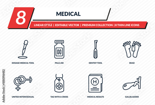 medical icons set - dosage medical tool, pills jar, dentist tool, dead, gallbladder outline vector collection.