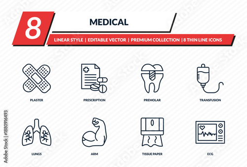 medical icons set - plaster, prescription, premolar, transfusion, ecg outline vector collection.
