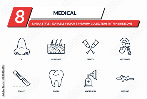 medical icons set - e, epidermis, crutch, otoscope, lifeline outline vector collection.