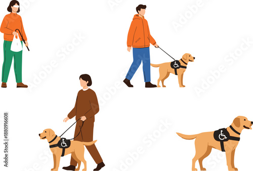 People Walking Guide Dogs Illustration Set with Trained Assistance Dogs for Accessibility, Disability Support, Inclusive Lifestyle, and Urban Daily Life Design