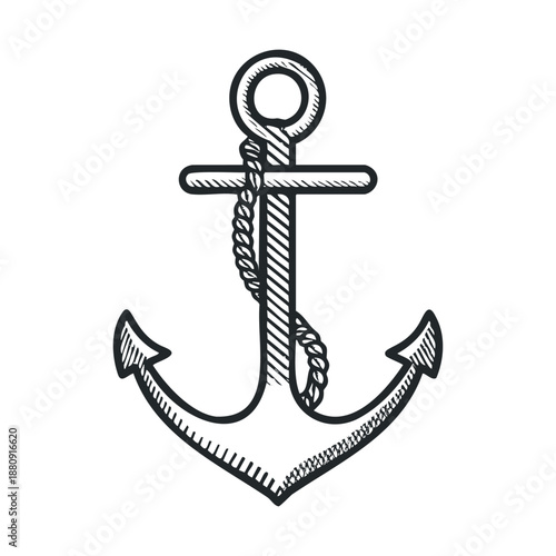 Classic hand-drawn anchor with a sturdy rope wrapped around its shaft, symbolizing maritime adventure, stability, and a connection to the sea.
