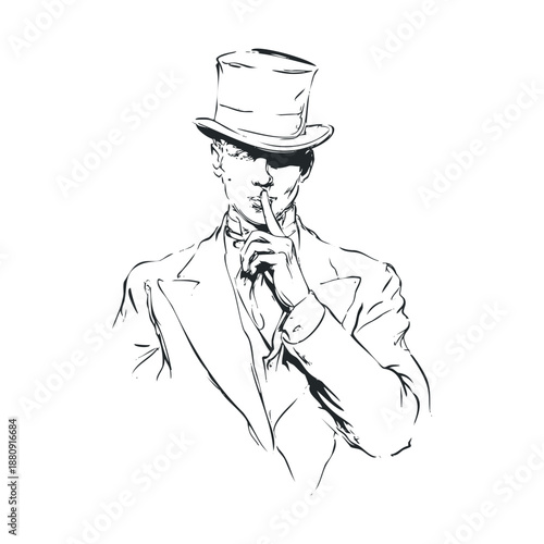 Mysterious gentleman in a top hat holds a finger to his lips, gesturing for silence or secrecy in this vintage-style black and white line art illustration.