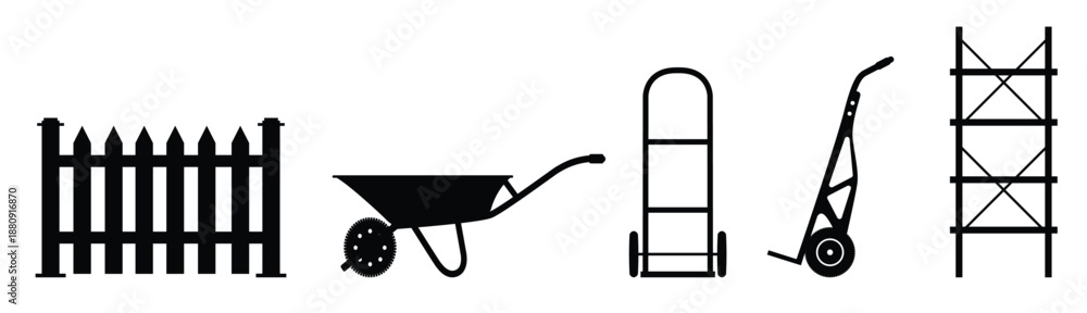 Fototapeta premium Collection of black silhouette garden tools and wheelbarrows. Black silhouette garden tools plants watering can hat wheelbarrow fence gardening Vector illustration.