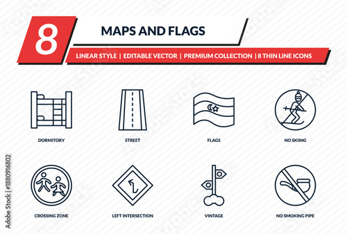 maps and flags icons set - dormitory, street, flags, no skiing, no smoking pipe outline vector collection.