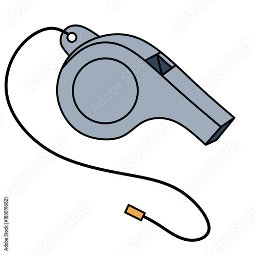 Gray cartoon picture of a referee whistle with black outline. Perfect for sportsrelated designs, coaching materials, and fitness graphics
