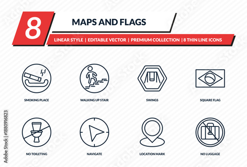 maps and flags icons set - smoking place, walking up stair, swings, square flag, no luggage outline vector collection.