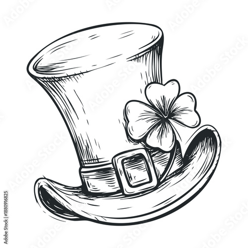 Traditional leprechaun hat with a lucky four-leaf clover and buckle, hand-drawn in a vintage sketch style, perfect for St. Patrick's Day celebrations and Irish cultural themes.