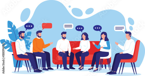 Colorful illustration of six people in group discussion with speech bubbles for teamwork, communication, meeting, and collaboration design themes