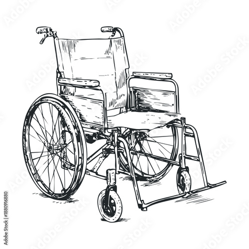 Wheelchair, a vital mobility aid, is depicted in a detailed hand-drawn sketch, illustrating its design and purpose for accessibility and support.