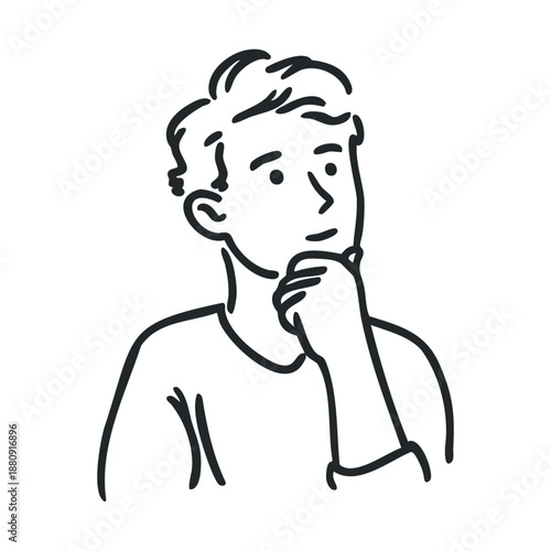 Young man thinking deeply with his hand on his chin, contemplating a decision or solving a problem, depicted in a simple line art illustration.