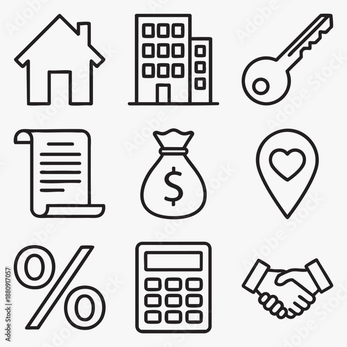 Flat line icon set for real estate social media.