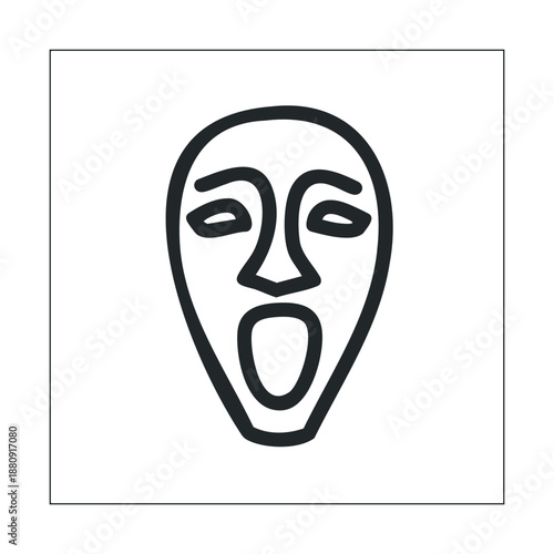 Stylized mask face icon with an open mouth depicting a scream or yawn, rendered in a simple, bold black outline on a clean surface.