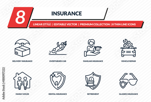 insurance icons set - delivery insurance, overturned car, familiar insurance, vehicle repair, glasses outline vector collection.