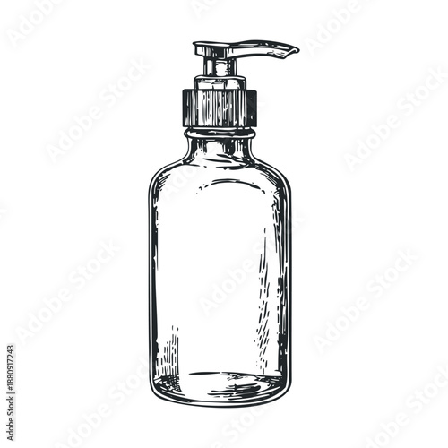 Hand drawn pump bottle illustration featuring a classic dispenser for liquid soap, lotion, or sanitizer in a vintage engraved style.
