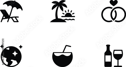 Collection of travel and celebration icons including a deck chair under an umbrella tropical island sunset wedding rings globe coconut drink and wine bottle with glass