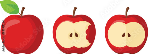 Red Apple Whole and Bitten Illustration Set Showing Fresh Fruit, Core, and Eating Stages for Nutrition, Food Concepts, and Educational Design