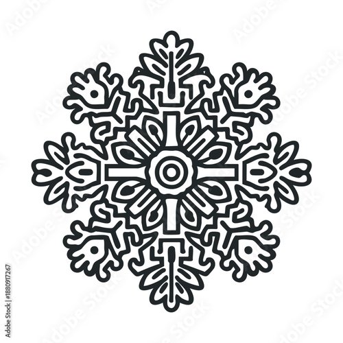 Ornate snowflake design featuring intricate symmetrical patterns in a bold black and white illustration style, perfect for winter decorations and festive themes.