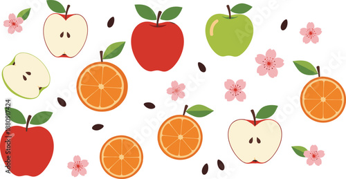 Apple and Orange Fruit Pattern Illustration with Sliced Citrus, Seeds, Leaves, and Blossoms for Wallpaper, Textile, Packaging, and Decorative Design