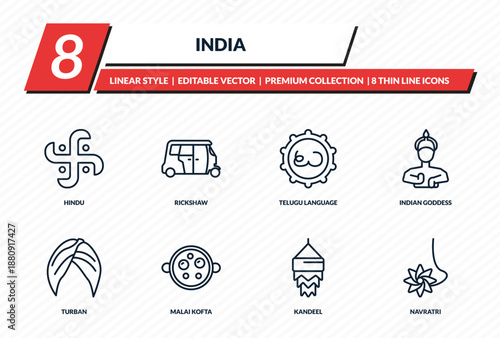 india icons set - hindu, rickshaw, telugu language, indian goddess, navratri outline vector collection.