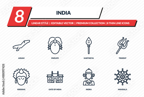 india icons set - assam, parvati, kartikeya, trident, mandala outline vector collection.