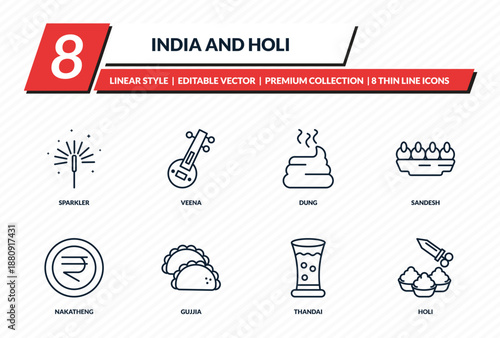 india and holi icons set - sparkler, veena, dung, sandesh, holi outline vector collection.