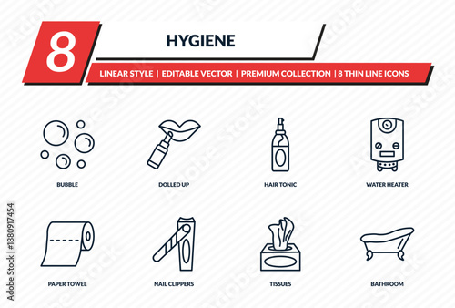 hygiene icons set - bubble, dolled up, hair tonic, water heater, bathroom outline vector collection.